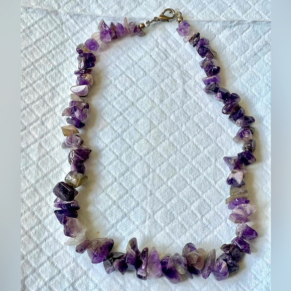 Vintage Amethyst Chip Semi-Precious Gem Stone  Necklace Purple 15”Handmade - Picture 1 of 6